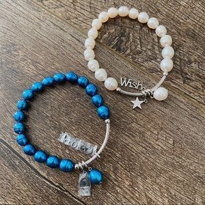 Wish Protect Beaded Inspirational Word Charm Bracelet Set Jewelry White Blue